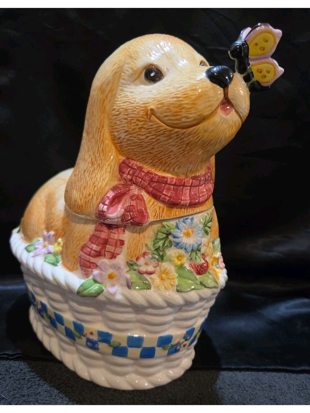 Vintage International Art Cookie Jar With Butterfly On Puppy’s Nose Cute